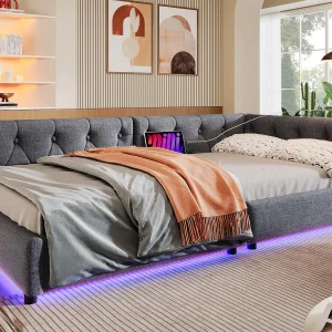 90×200 cm linnen daybed – met LED en oplaadpoorten – Grijs