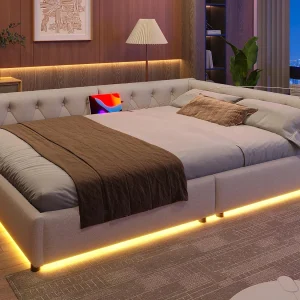 140×200 cm linnen daybed – met LED en oplaadpoorten – Beige 140×200 cm linnen daybed – met LED en oplaadpoorten – Beige