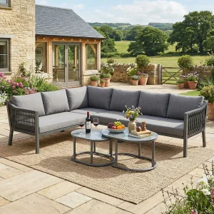 6-persoons tuinset – met hoekbank + 2 tafels met glazen blad – metaal + polyester – grijs