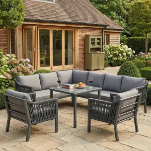 8-persoons tuinset – met hoekbank + 1 tafel + 2 fauteuils – metaal + polyester – grijs 8-persoons tuinset – met hoekbank + 1 tafel + 2 fauteuils – metaal + polyester – grijs