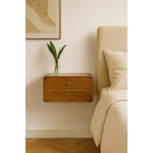 Gebogen zwevend nachtkastje van kastanjehout Artisan Furniture, 2 lades, lichtbruin