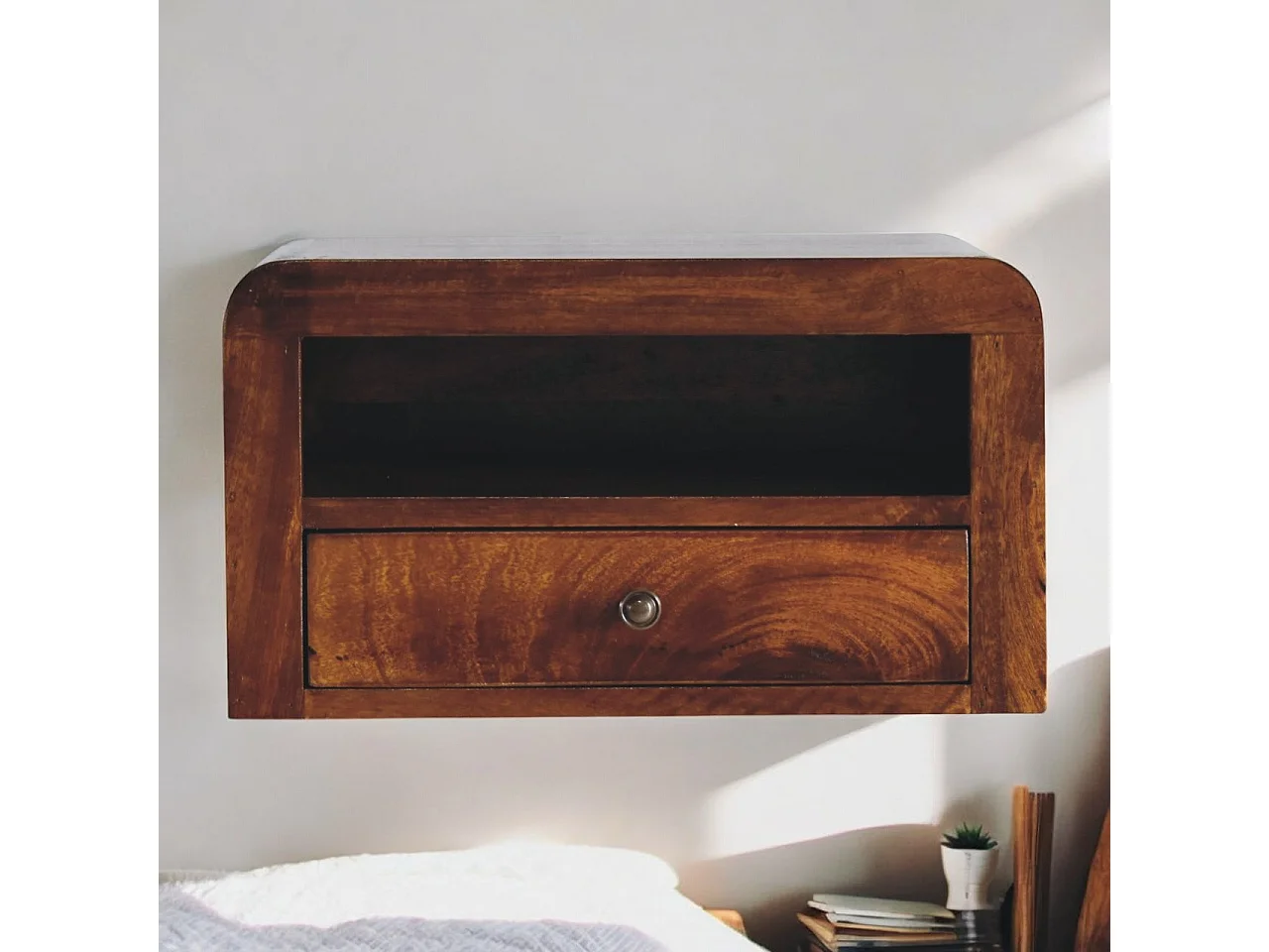 Artisan Furniture Zwaar wandgemonteerd nachtkastje met 1 lade van massief kastanjehout