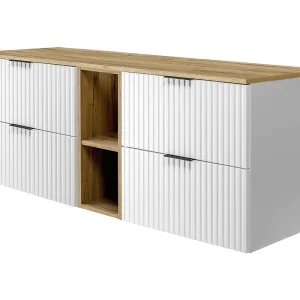 Badkamermeubel, Wit/Eik Craft + zwart handvat, 140 x 57 x 46 cm Badkamermeubel, Wit/Eik Craft + zwart handvat, 140 x 57 x 46 cm