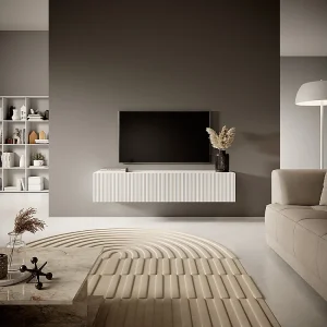 140 cm witte tv-kast met gefreesd front – VELDIO 140 cm witte tv-kast met gefreesd front – VELDIO