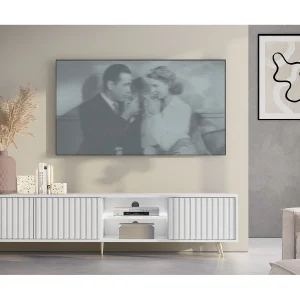 175 cm witte LED tv-kast met lamellenfronten en gouden poten – Selsey Bello 175 cm witte LED tv-kast met lamellenfronten en gouden poten – Selsey Bello