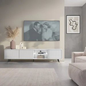 175 cm witte LED tv-kast met lamellenfronten en zwarte poten – Selsey Bello 175 cm witte LED tv-kast met lamellenfronten en zwarte poten – Selsey Bello