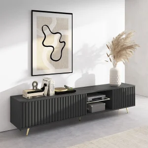 175 cm zwarte LED tv-kast met lamellenfronten en gouden poten – Selsey Bello 175 cm zwarte LED tv-kast met lamellenfronten en gouden poten – Selsey Bello