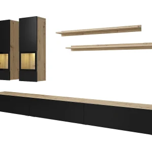 5-delige TV-wand met LED Sloan Zwart en Hout 5-delige TV-wand met LED Sloan Zwart en Hout