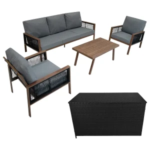 Aluminium Tuinmeubel Set 4-Delig Houteffect Rotan Opbergbox Zwart 582L Aluminium Tuinmeubel Set 4-Delig Houteffect Rotan Opbergbox Zwart 582L