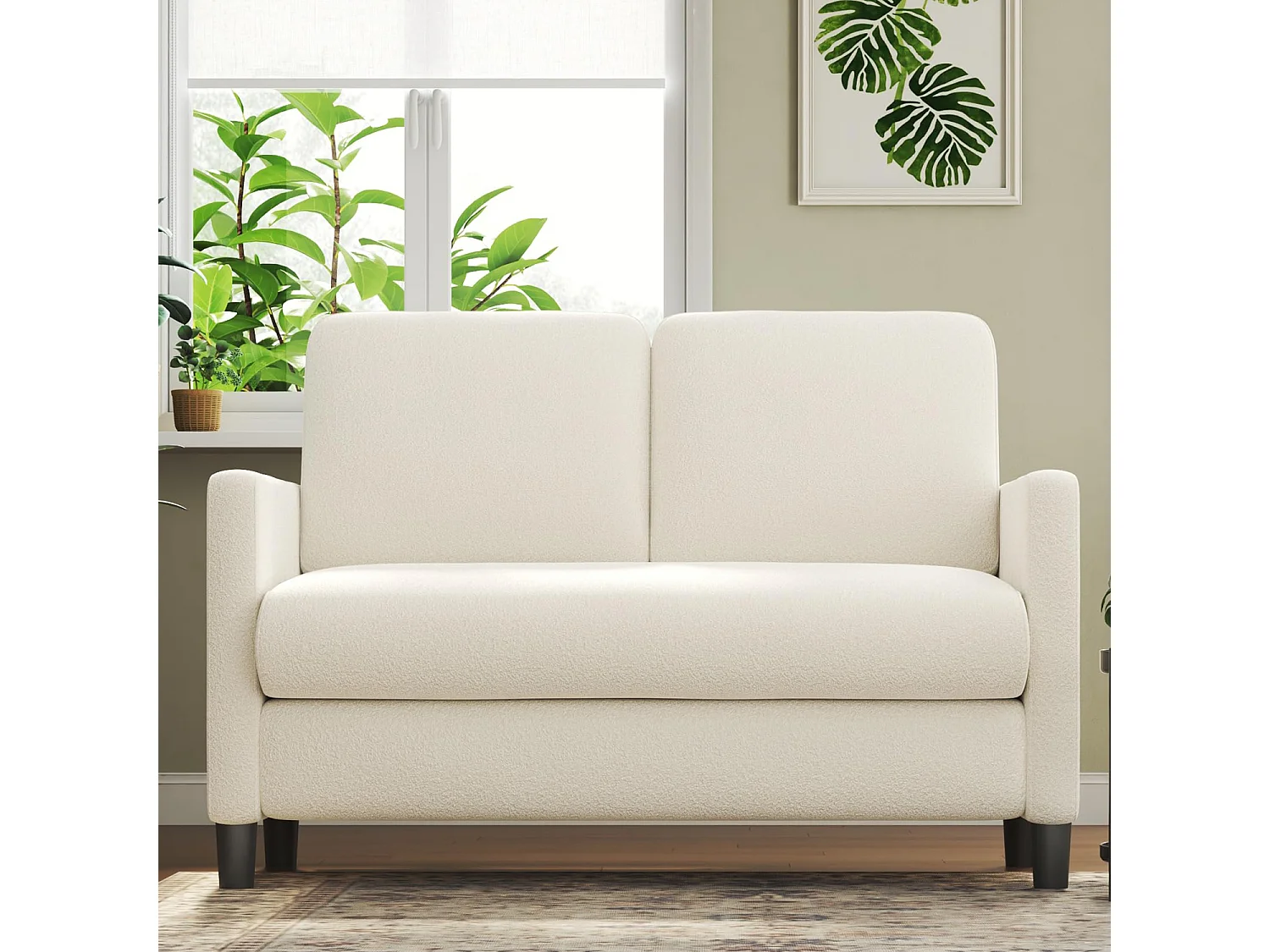2 -Seater Comfort Sofa in teddy fluweel beige, met diepe stoel van 55 cm en armleuningen – 128x78x89cm