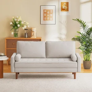 3-zitsbank in beige linnen stof – Scandinavisch – met 2 kussens en armleuningen – massieve houten voeten – 173x77x84cm 3-zitsbank in beige linnen stof – Scandinavisch – met 2 kussens en armleuningen – massieve houten voeten – 173x77x84cm