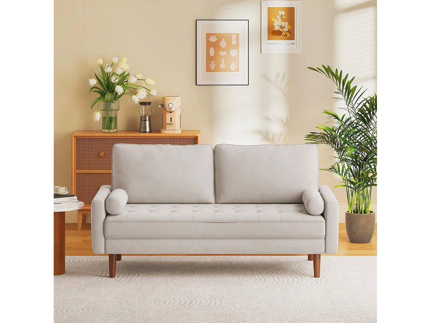 3-zitsbank in beige linnen stof – Scandinavisch – met 2 kussens en armleuningen – massieve houten voeten – 173x77x84cm