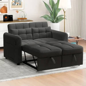 2-zits slaapbank in linnen stof met verstelbare rugleuning en USB-aansluiting, slaapbank – 142 x 85 x 83 cm – Slaapfunctie – Grijs 2-zits slaapbank in linnen stof met verstelbare rugleuning en USB-aansluiting, slaapbank – 142 x 85 x 83 cm – Slaapfunctie – Grijs