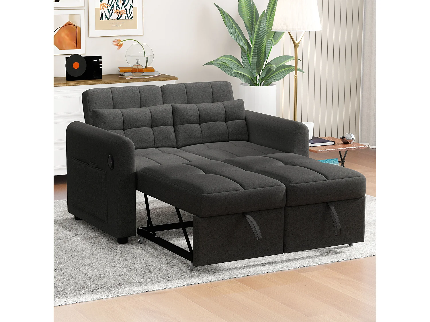 2-zits slaapbank in linnen stof met verstelbare rugleuning en USB-aansluiting, slaapbank - 142 x 85 x 83 cm - Slaapfunctie - Grijs