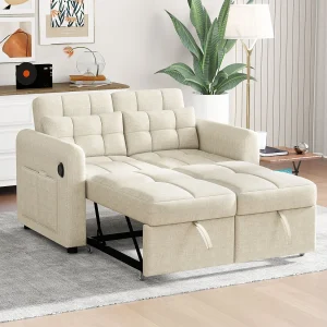 2-zits slaapbank in linnen stof met verstelbare rugleuning en USB-aansluiting, slaapbank – 142 x 85 x 83 cm – Slaapfunctie – Beige 2-zits slaapbank in linnen stof met verstelbare rugleuning en USB-aansluiting, slaapbank – 142 x 85 x 83 cm – Slaapfunctie – Beige