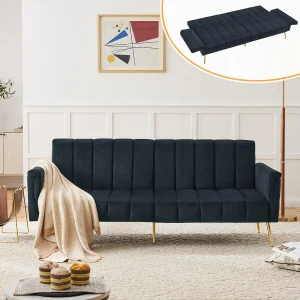 2-zits slaapbank in fluweel – 183 x 76 x 75 cm – Gouden metalen poten – Zwart 2-zits slaapbank in fluweel – 183 x 76 x 75 cm – Gouden metalen poten – Zwart