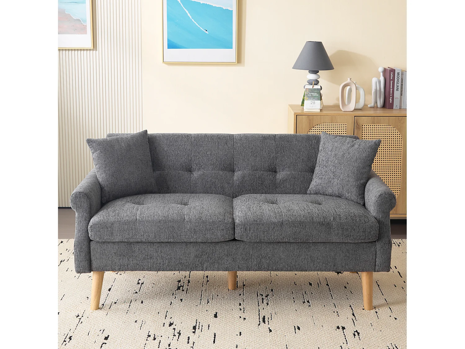 2-zits chenille stoffen bank met dikke kussens - 162 x 74 x 77 cm - voor woonkamer, slaapkamer - Lichtgrijs