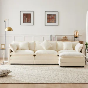 3-zits hoekbank met voetenbank – 283 x 147 x 84 – Chenille stof – Beige 3-zits hoekbank met voetenbank – 283 x 147 x 84 – Chenille stof – Beige
