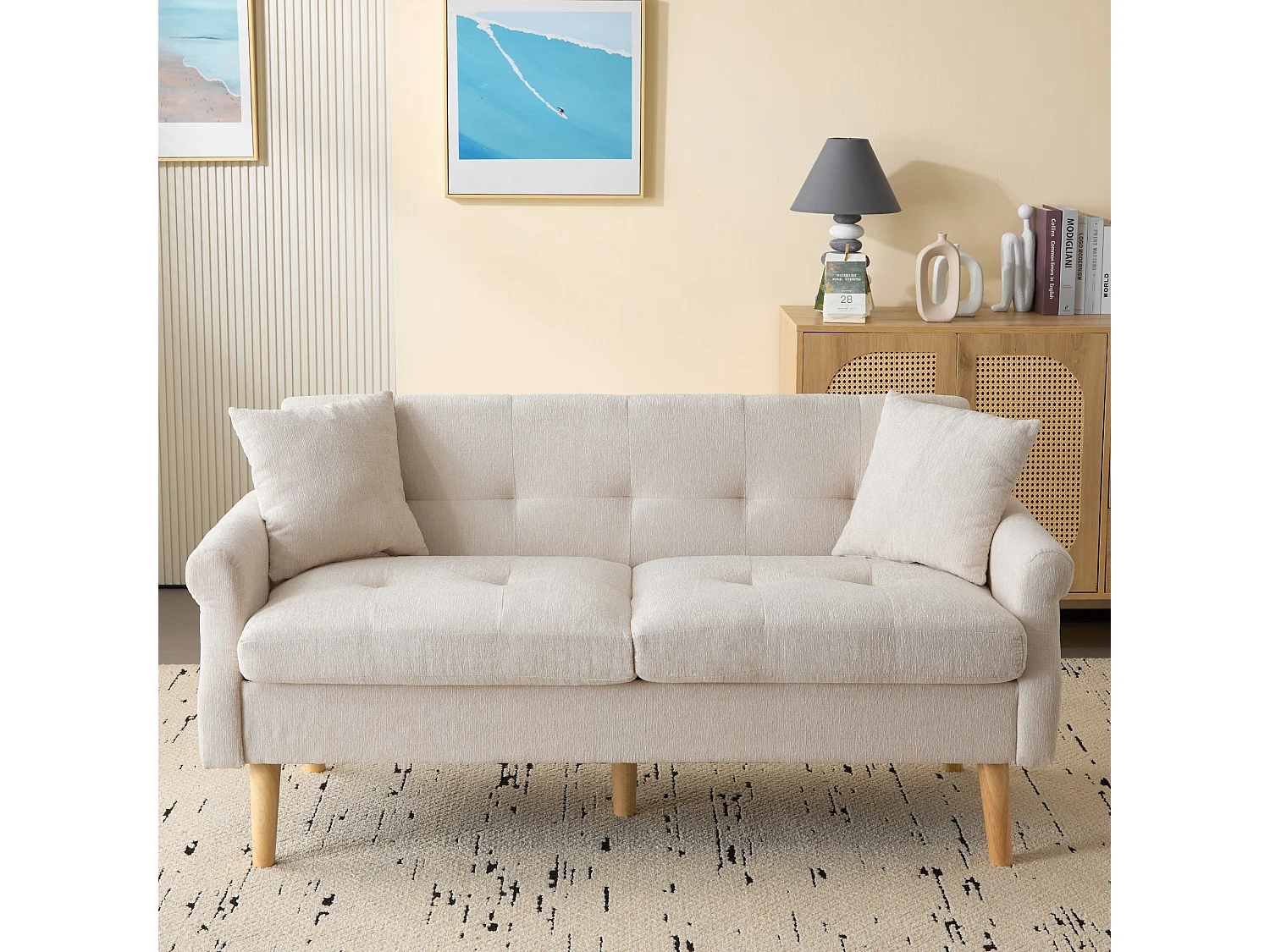 2-zits chenille stoffen bank met dikke kussens - 162 x 74 x 77 cm - voor woonkamer, slaapkamer - Beige
