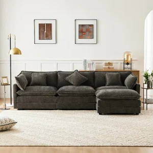 3-zits hoekbank met voetenbank – 283 x 147 x 84 – Chenille stof – Donkergrijs 3-zits hoekbank met voetenbank – 283 x 147 x 84 – Chenille stof – Donkergrijs