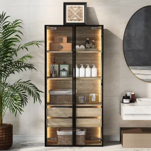 Badkamermeubel met LED's – 74 x 36 x 155 cm – 2 grote lades en 2 glazen deuren – MDF hout – naturel Badkamermeubel met LED's – 74 x 36 x 155 cm – 2 grote lades en 2 glazen deuren – MDF hout – naturel