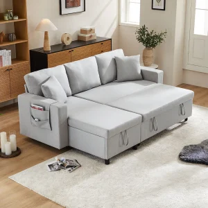 3-zits slaapbank met opbergruimte en bekerhouder – Linnen stof – lichtgrijs – 219,5 x 75 x 83 cm 3-zits slaapbank met opbergruimte en bekerhouder – Linnen stof – lichtgrijs – 219,5 x 75 x 83 cm