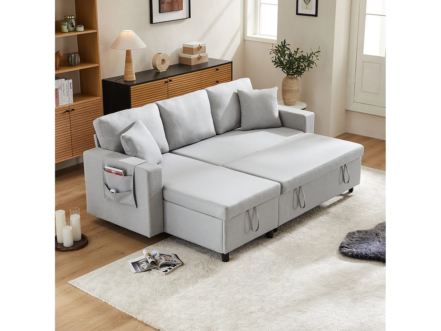 3-zits slaapbank met opbergruimte en bekerhouder – Linnen stof – lichtgrijs – 219,5 x 75 x 83 cm