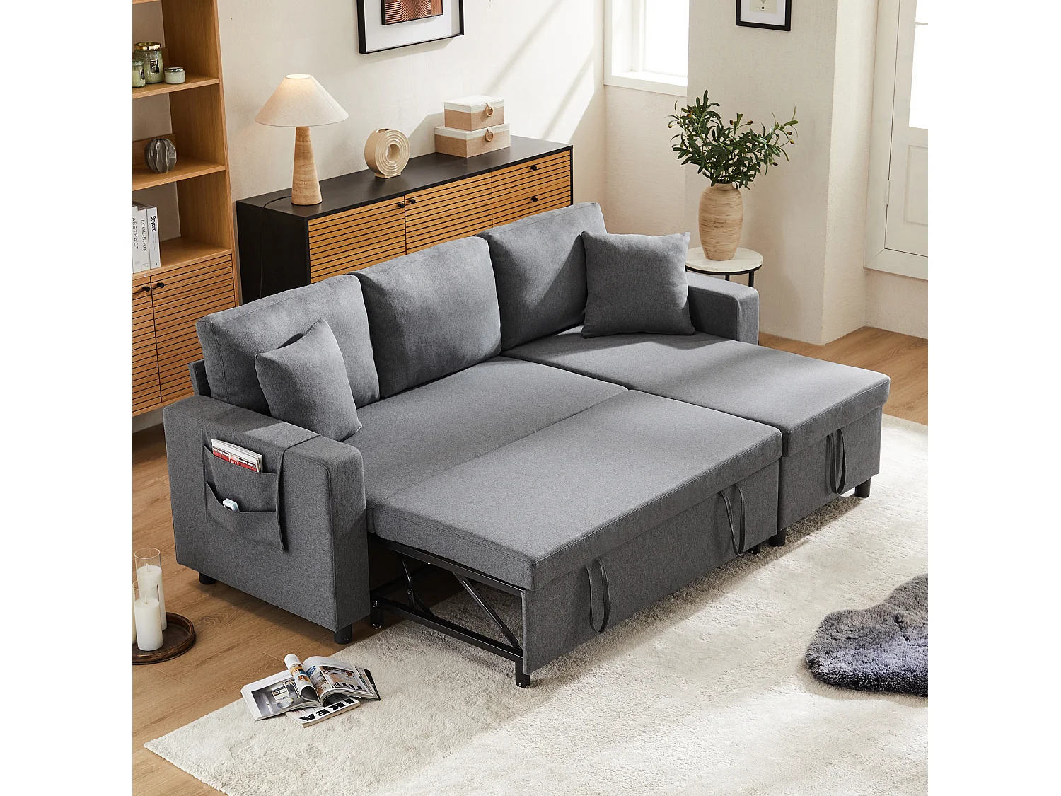 3-zits slaapbank met opbergruimte, slaapbank – 216 x 135 x 83 cm – met slaapfunctie – Donkergrijs