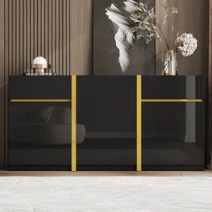 Aparador lacado de alto brilho com 3 portas e 2 gavetas – Preto 160 x 40 x 78 cm Aparador lacado de alto brilho com 3 portas e 2 gavetas – Preto 160 x 40 x 78 cm
