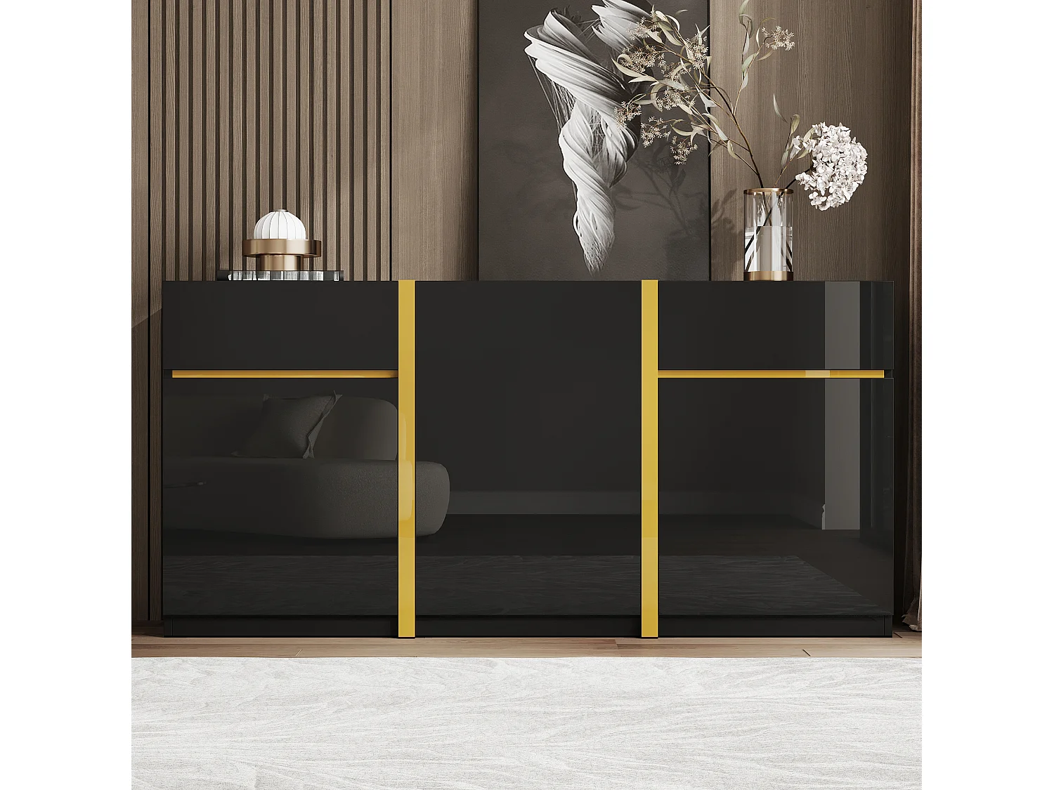 Aparador lacado de alto brilho com 3 portas e 2 gavetas - Preto 160 x 40 x 78 cm
