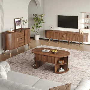 3-delige woonkamerset – salontafel met opklapbaar blad + tv-meubel + dressoir – met deuren en lades – MDF – bruin 3-delige woonkamerset – salontafel met opklapbaar blad + tv-meubel + dressoir – met deuren en lades – MDF – bruin