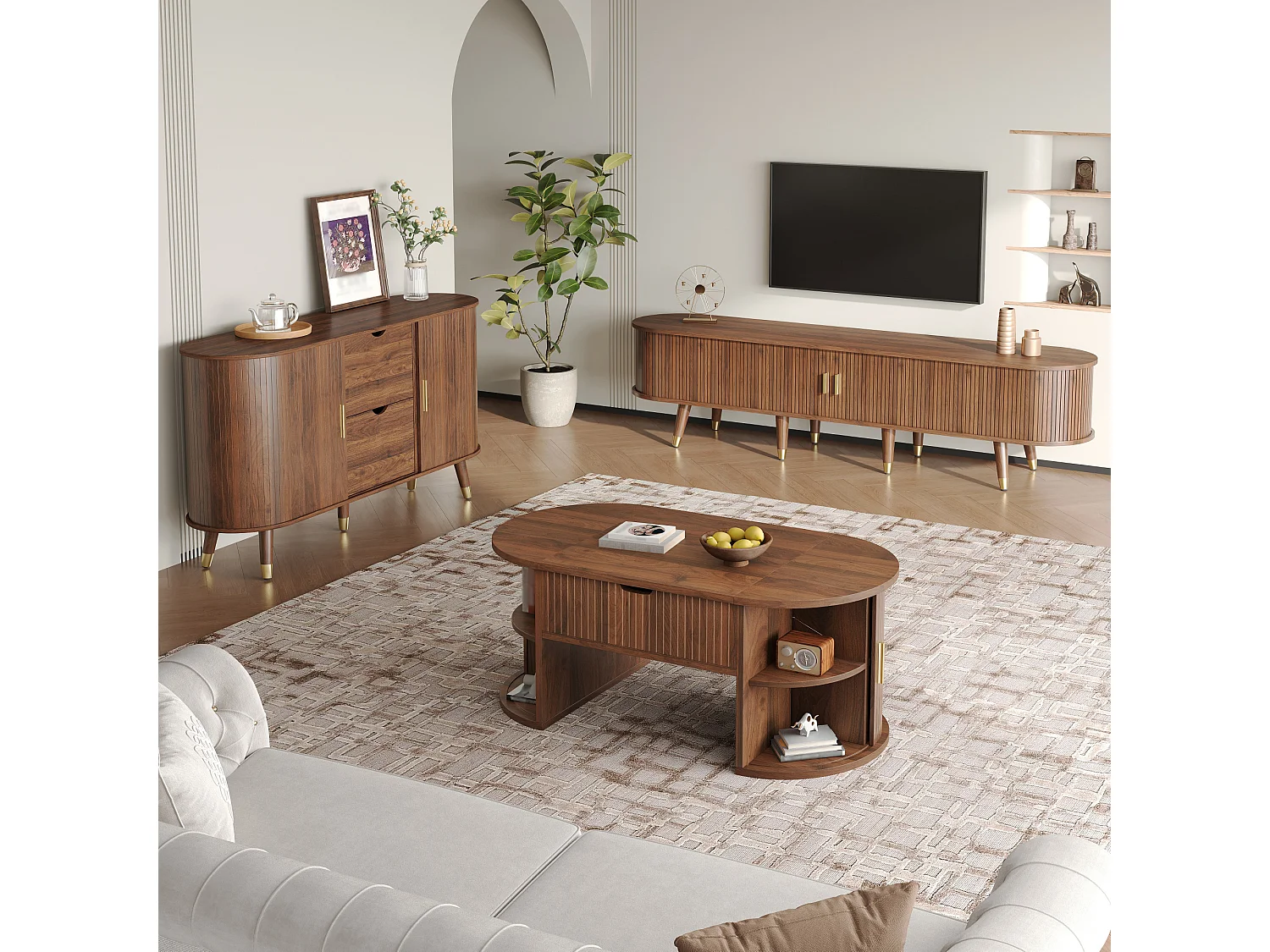 3-delige woonkamerset – salontafel met opklapbaar blad + tv-meubel + dressoir – met deuren en lades – MDF – bruin