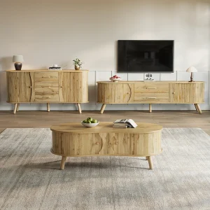 3-delige woonkamerset – salontafel + tv-meubel + dressoir – met deuren en lades – MDF – naturel 3-delige woonkamerset – salontafel + tv-meubel + dressoir – met deuren en lades – MDF – naturel
