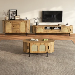3-delige woonkamerset in rotanlook – salontafel + tv-meubel + dressoir – met deuren en lades – MDF – naturel 3-delige woonkamerset in rotanlook – salontafel + tv-meubel + dressoir – met deuren en lades – MDF – naturel