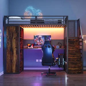 90 x 200 cm metalen hoogslaper met opbergruimte, bureau, stopcontacten en ledverlichting – Zwart en donker hout 90 x 200 cm metalen hoogslaper met opbergruimte, bureau, stopcontacten en ledverlichting – Zwart en donker hout
