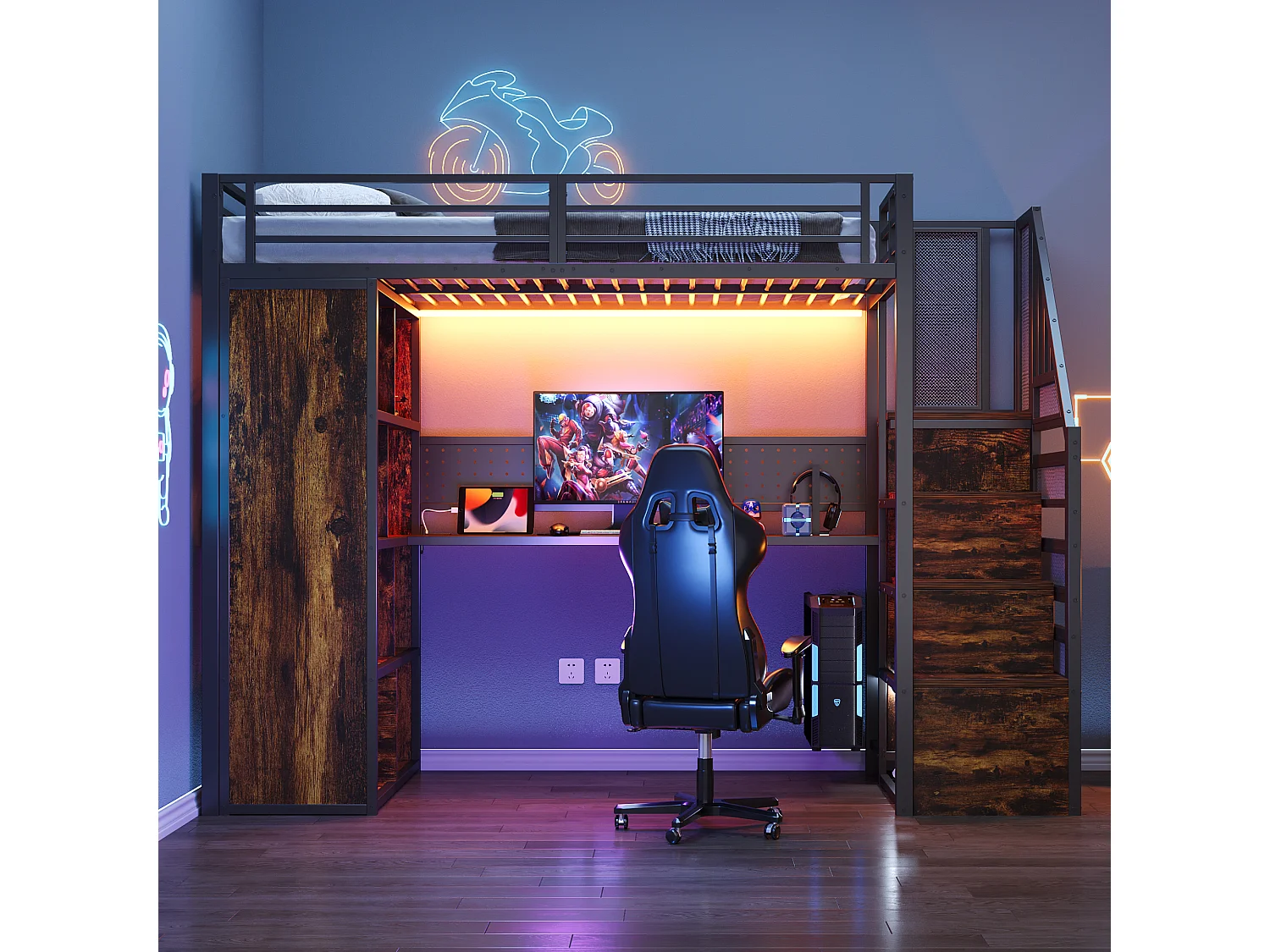 90 x 200 cm metalen hoogslaper met opbergruimte, bureau, stopcontacten en ledverlichting - Zwart en donker hout