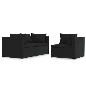 3-delige Loungeset met kussens poly rattan zwart 3-delige Loungeset met kussens poly rattan zwart