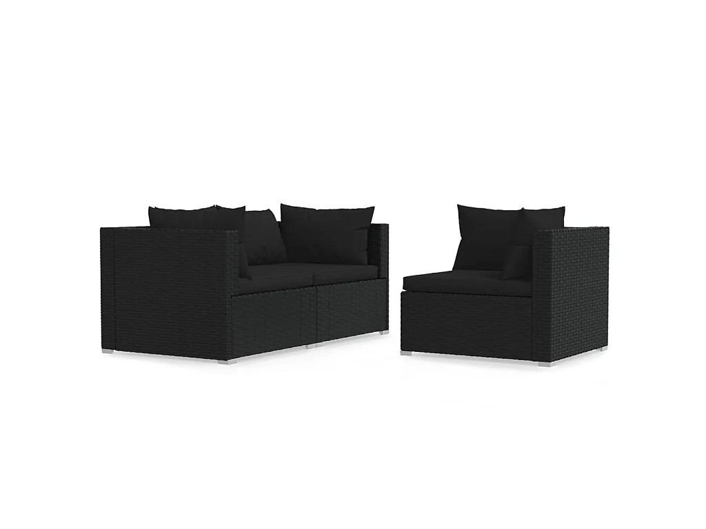 3-delige Loungeset met kussens poly rattan zwart