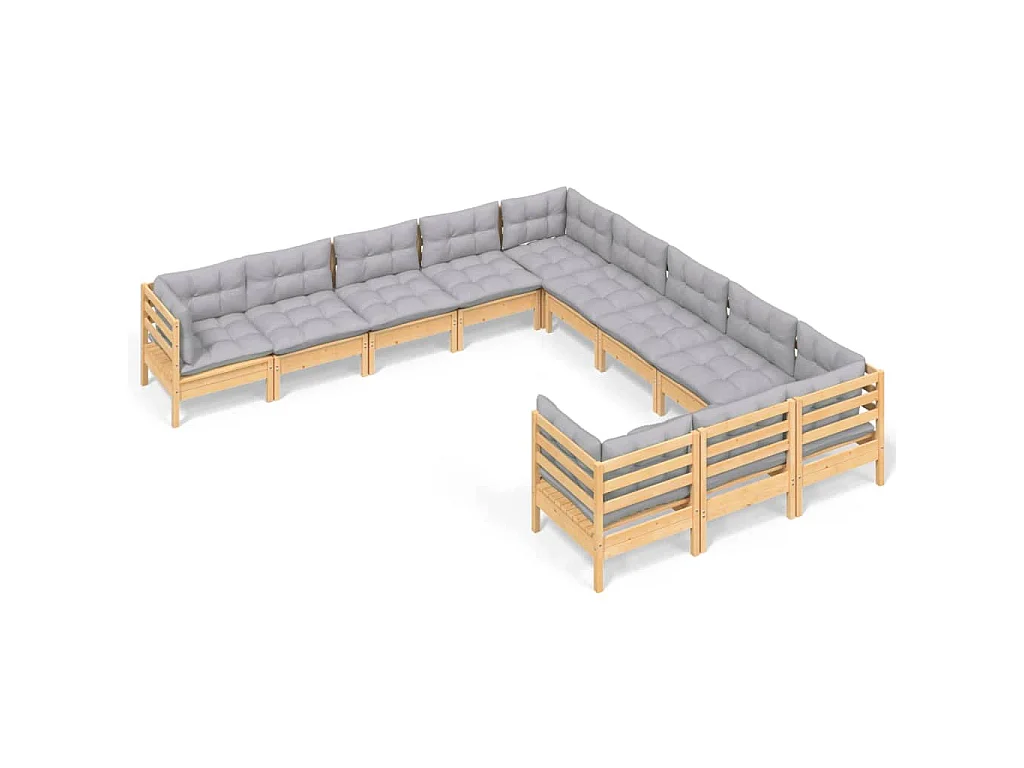 11-delige Loungeset met grijze kussens grenenhout