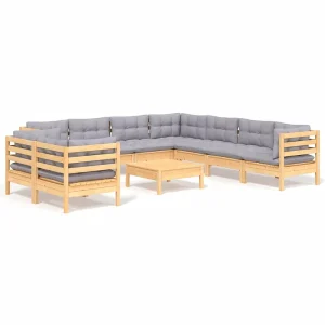 10-delige Loungeset met grijze kussens massief grenenhout