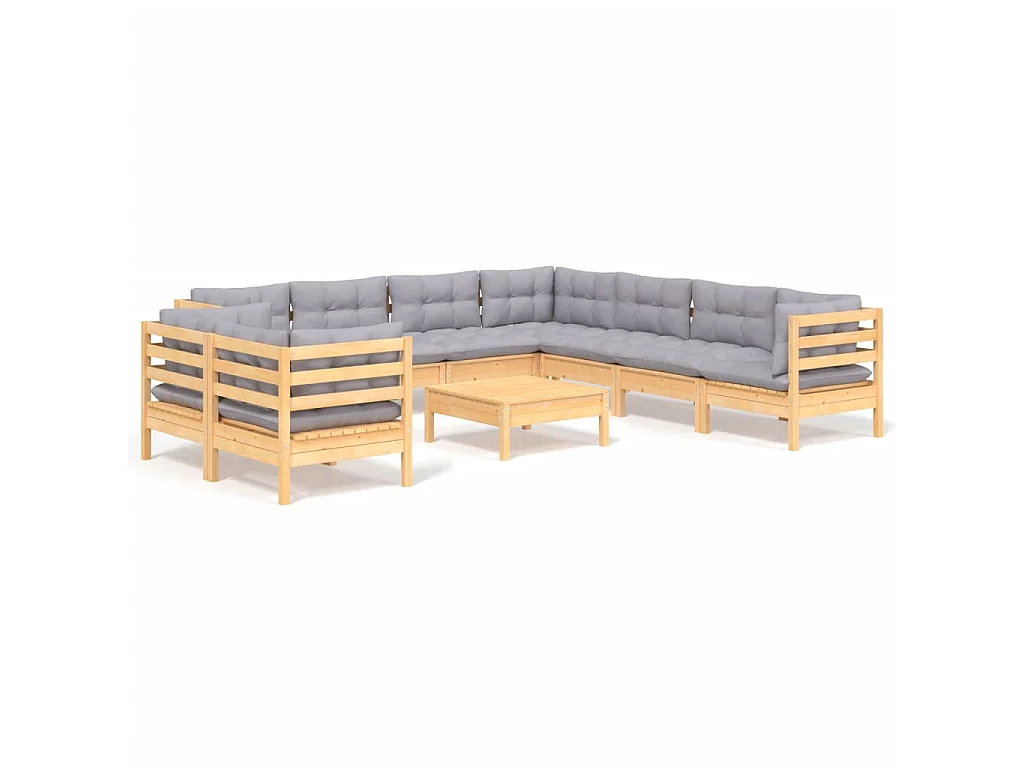 10-delige Loungeset met grijze kussens massief grenenhout