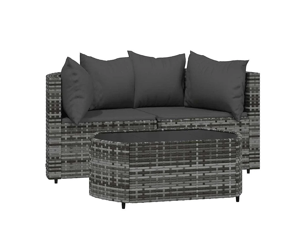 3-delige Loungeset met kussens poly rattan grijs