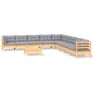 10-delige Loungeset met grijze kussens massief grenenhout