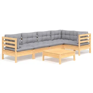 6-delige Loungeset met grijze kussens grenenhout 6-delige Loungeset met grijze kussens grenenhout