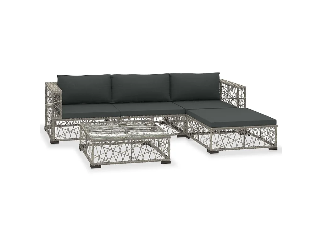 5-delige Loungeset met kussens poly rattan grijs