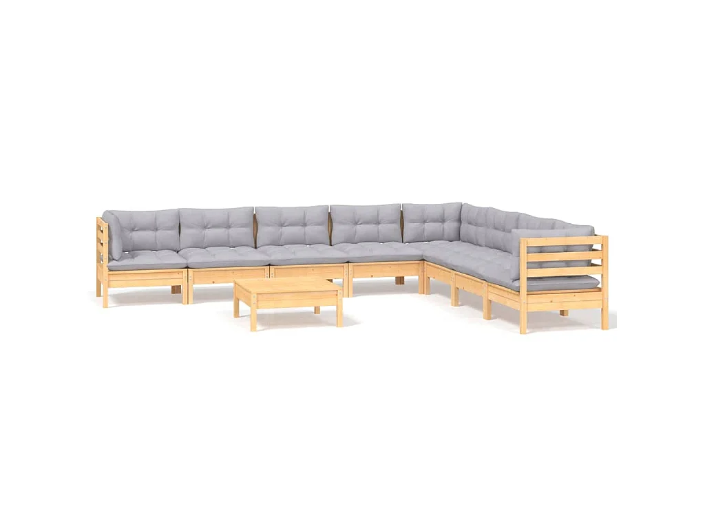 9-delige Loungeset met grijze kussens massief grenenhout