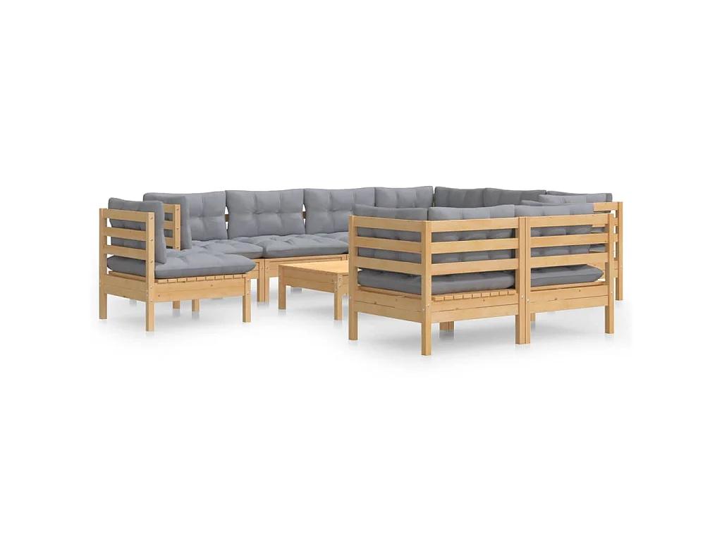 10-delige Loungeset met grijze kussens massief grenenhout