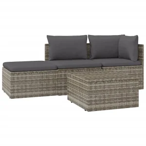 4-delige Loungeset met kussens poly rattan grijs