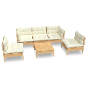 6-delige Loungeset met crèmekleurige kussens massief grenenhout 6-delige Loungeset met crèmekleurige kussens massief grenenhout