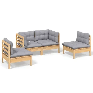 4-delige Loungeset met grijze kussens massief grenenhout 4-delige Loungeset met grijze kussens massief grenenhout